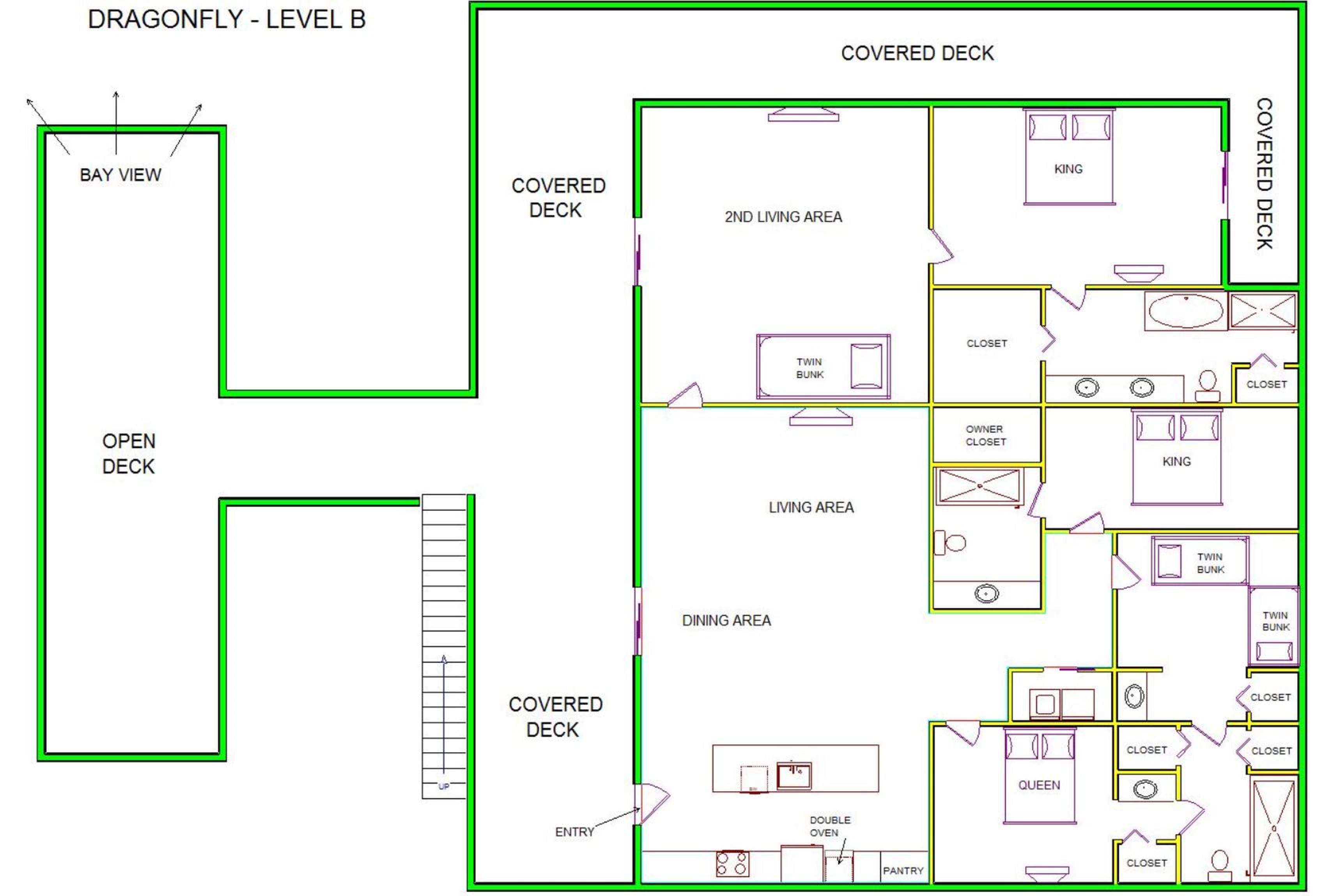 A level B layout view of Sand 'N Sea's canal house vacation rental in Galveston named Dragonfly 